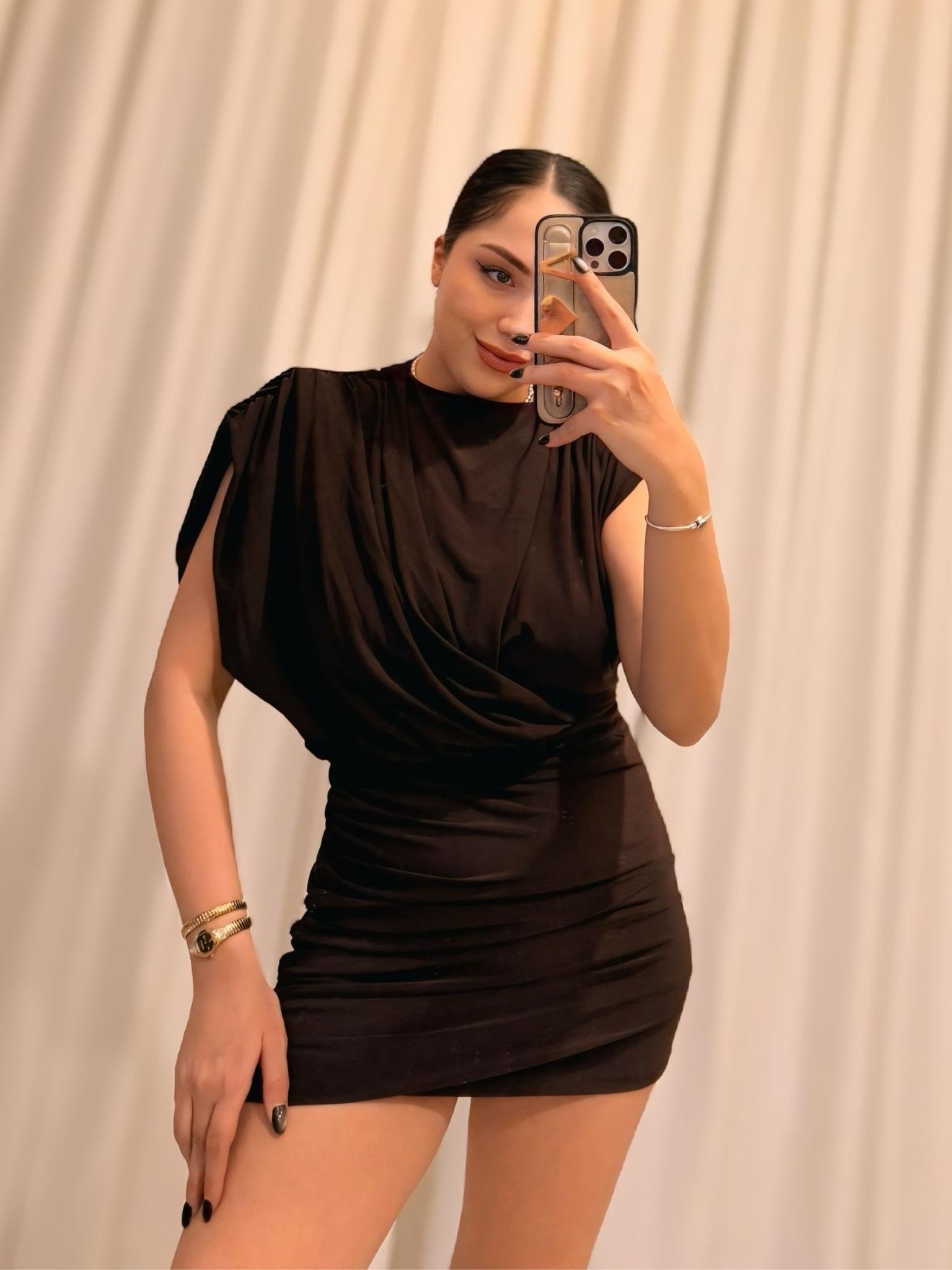 Adsız tasarım (2) Vatkalı Detaylı Elbise - Kahve - Görsel 1