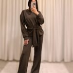 Belden Bağlama Detaylı Uzun Kollu Takım-Kahve