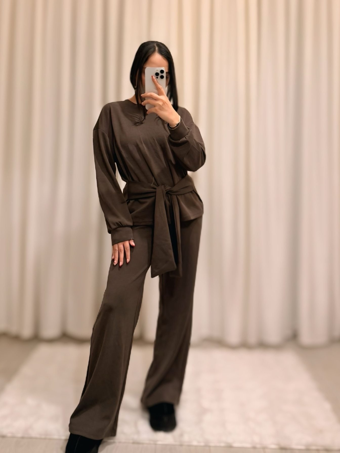 Adsız tasarım (26) Belden Bağlama Detaylı Uzun Kollu Takım-Kahve - Görsel 1