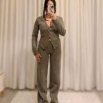 Selanik Kumaş Ön Düğmeli Pantolon Takım - Vizon