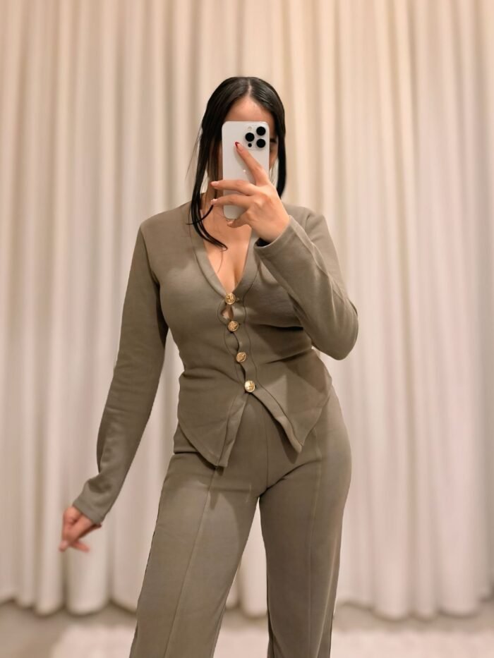 Selanik Kumaş Ön Düğmeli Pantolon Takım - Vizon - Görsel 2