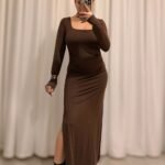 Uzun Kollu Yırtmaç Detaylı Maxi Elbise - Kahve