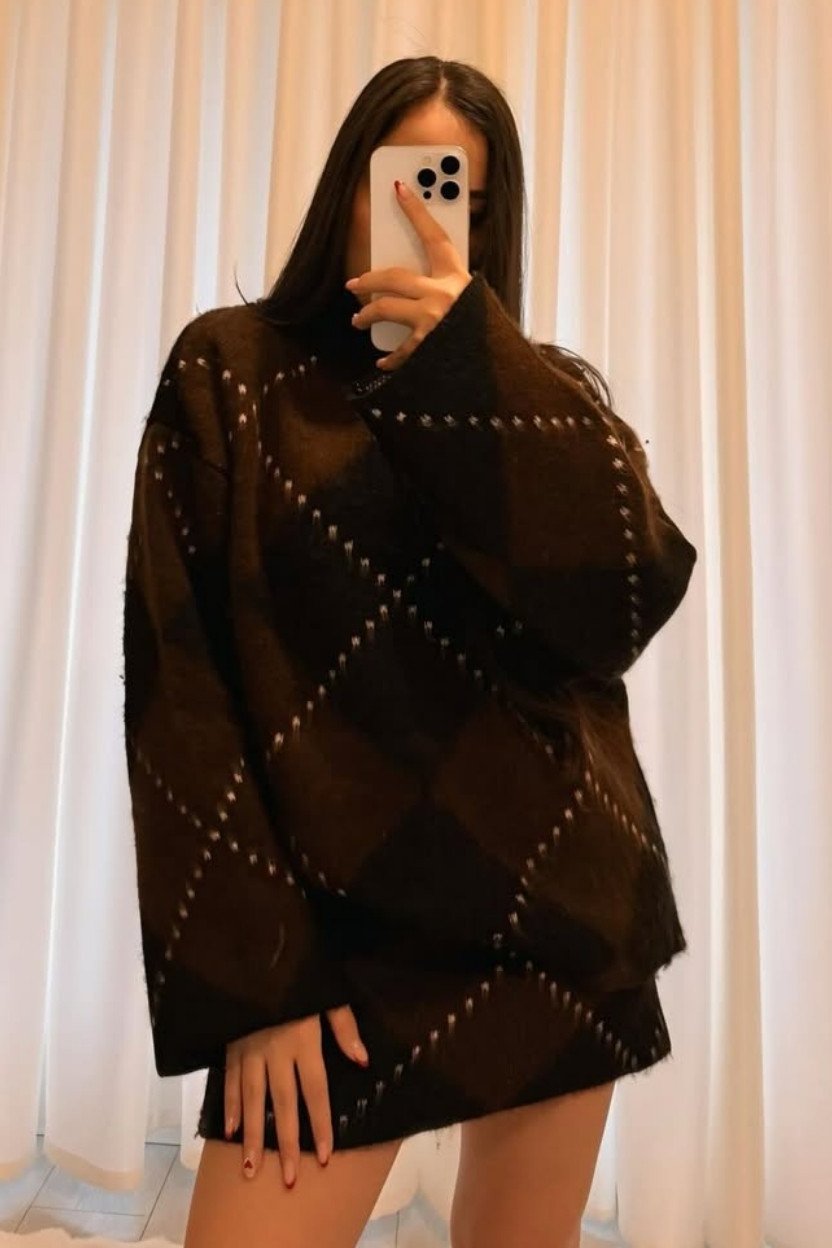 Adsız tasarım (58) Baklava Desen Dik Yaka Şardonlu Takım - Görsel 1