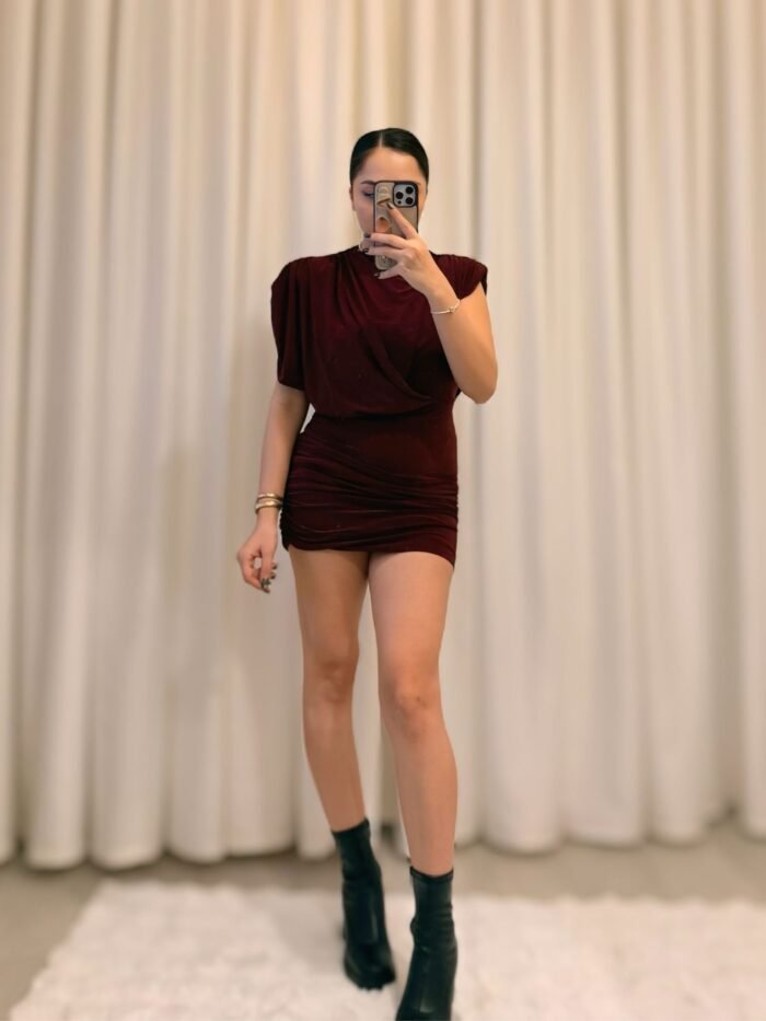 Vatkalı Detaylı  Elbise - Bordo - Görsel 2