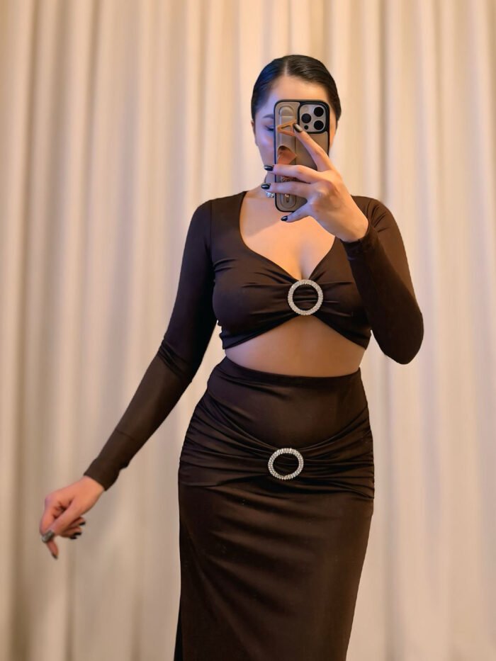 Aks Detaylı Kahve İkili Takım – Esnek Kumaş - Görsel 2