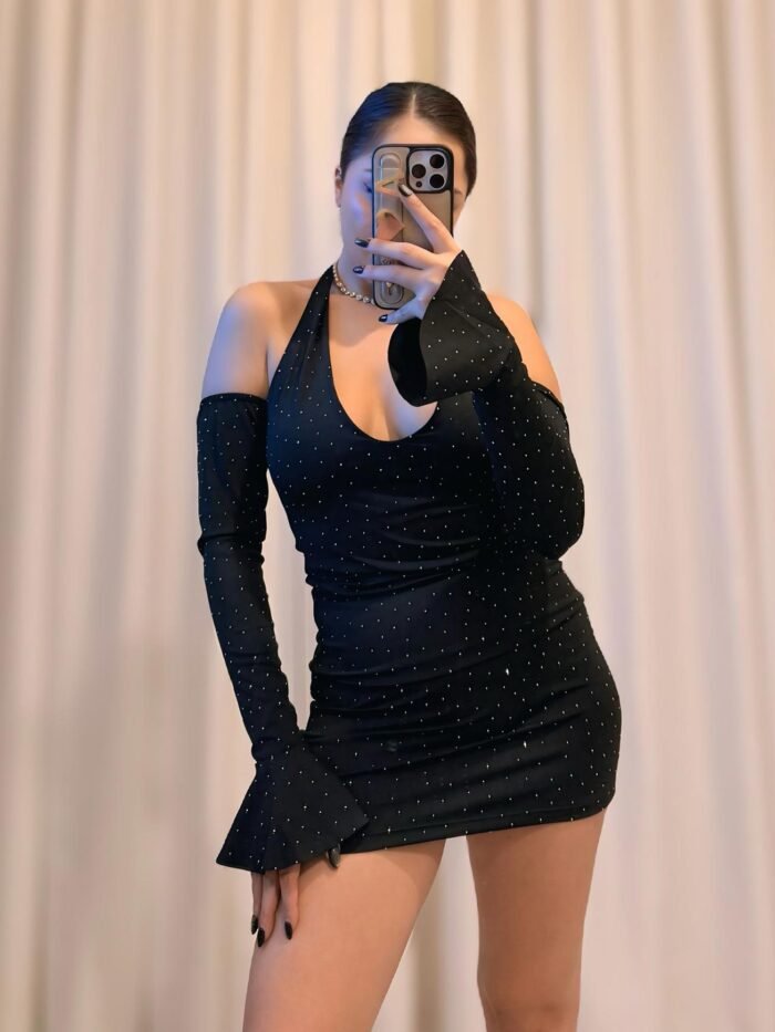 Tam Taş İşlemeli Halter Mini Elbise – Siyah - Görsel 2