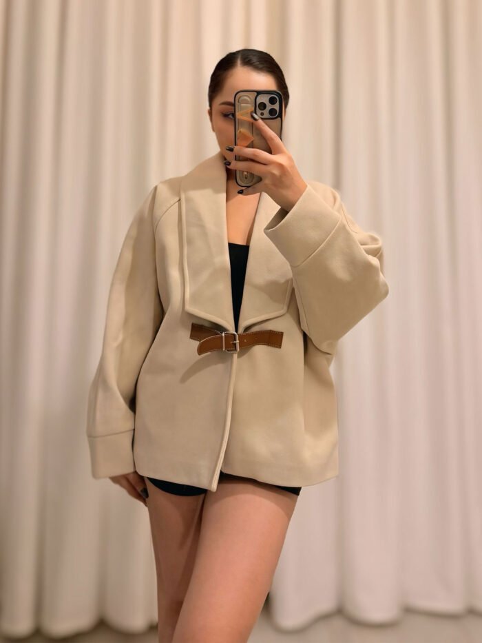 Kaşe Kumaş Deri Kemerli Bej Tasarım Ceket - Görsel 2