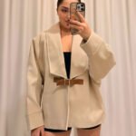 Kaşe Kumaş Deri Kemerli Bej Tasarım Ceket