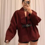 Kaşe Kumaş Deri Kemerli Bordo Tasarım Ceket