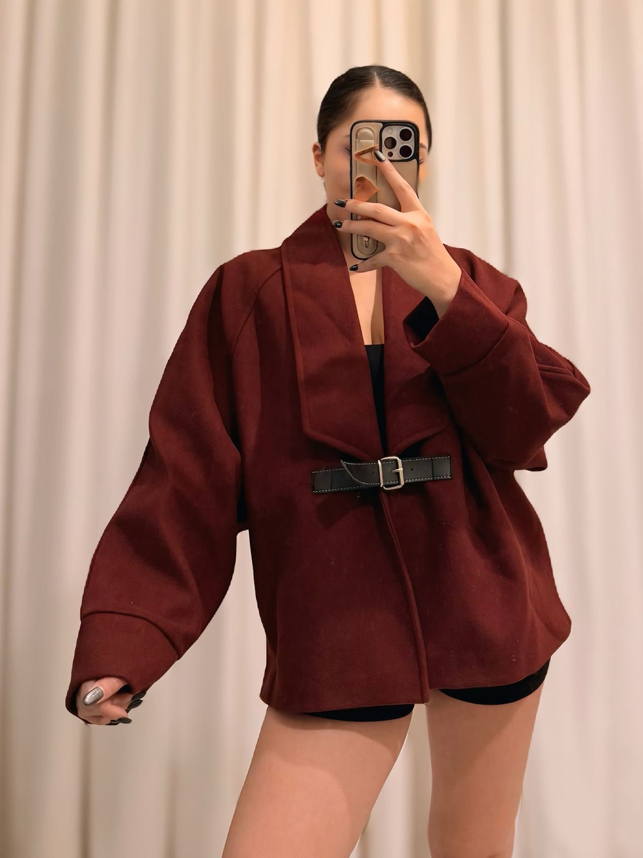 kase-kumas-deri-kemerli-tasarim-bordo-ceket_01 Kaşe Kumaş Deri Kemerli Bordo Tasarım Ceket - Görsel 1