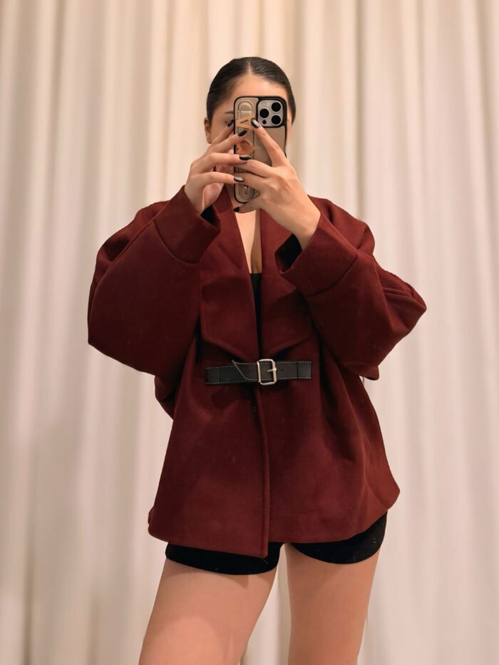 Kaşe Kumaş Deri Kemerli Bordo Tasarım Ceket - Görsel 2