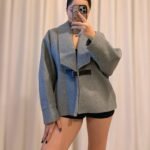 Kaşe Kumaş Deri Kemerli Gri Tasarım Ceket