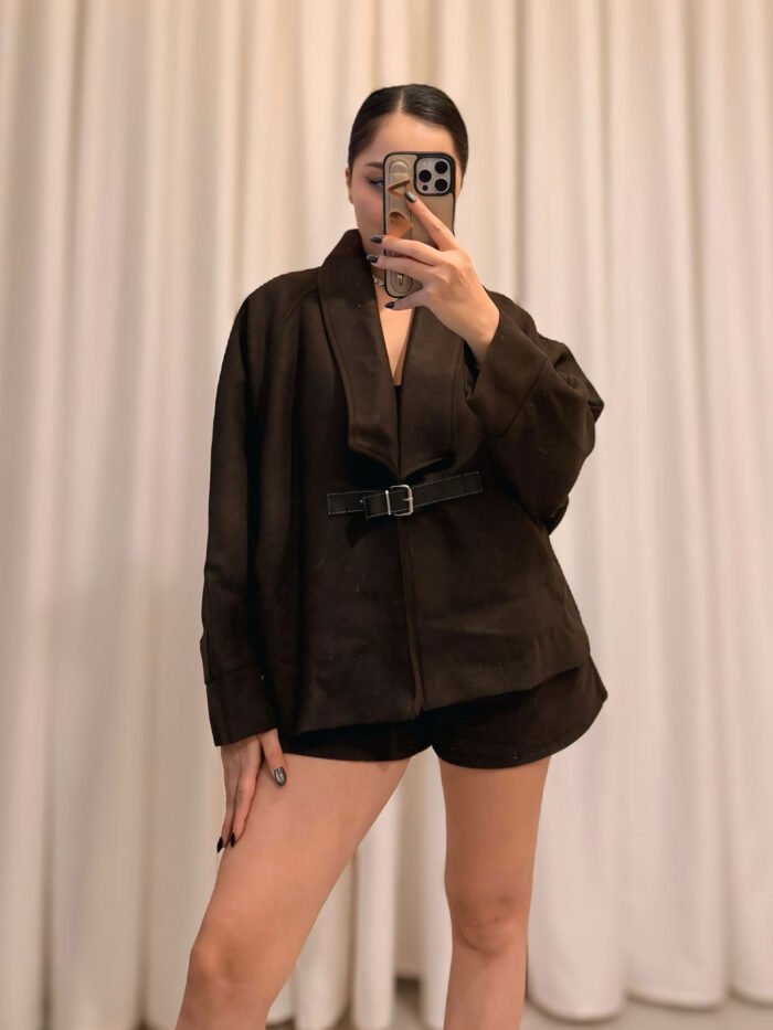 Kaşe Kumaş Deri Kemerli Kahve Tasarım Ceket - Görsel 2