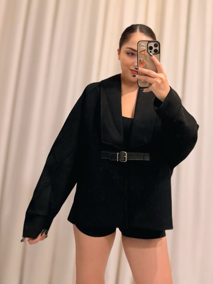 Kaşe Kumaş Deri Kemerli Siyah Tasarım Ceket - Görsel 2