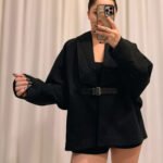 Kaşe Kumaş Deri Kemerli Siyah Tasarım Ceket