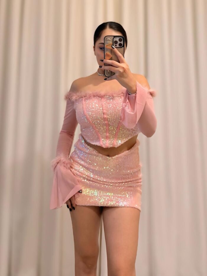 Korse Pembe Mini Takım – Payet & Tüy Detaylı - Görsel 2
