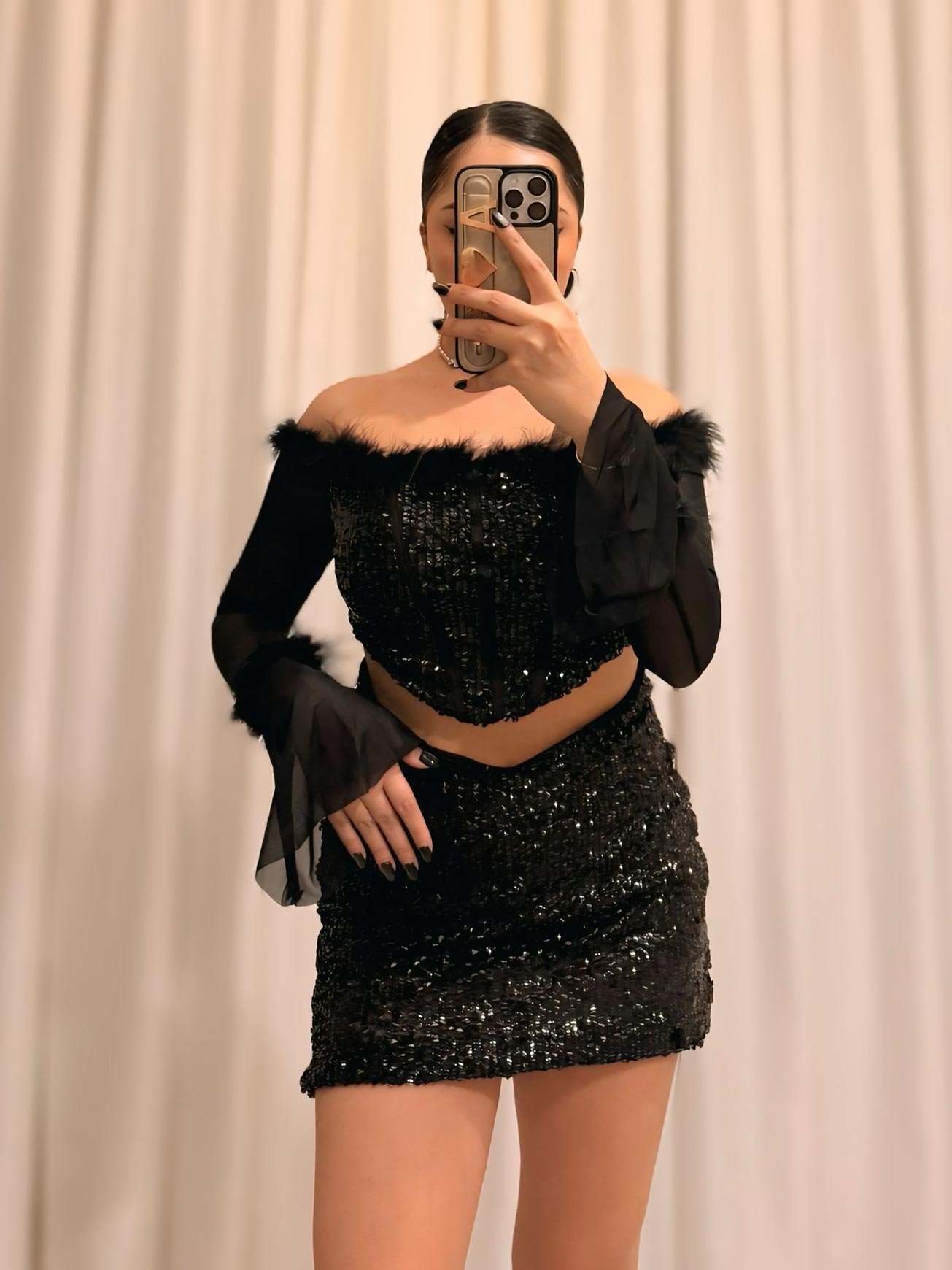 korse-mini-takim-acik-siyah_01 Korse Siyah Mini Takım – Payet & Tüy Detaylı - Görsel 1