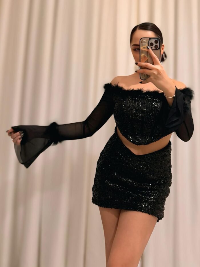 Korse Siyah Mini Takım – Payet & Tüy Detaylı - Görsel 2