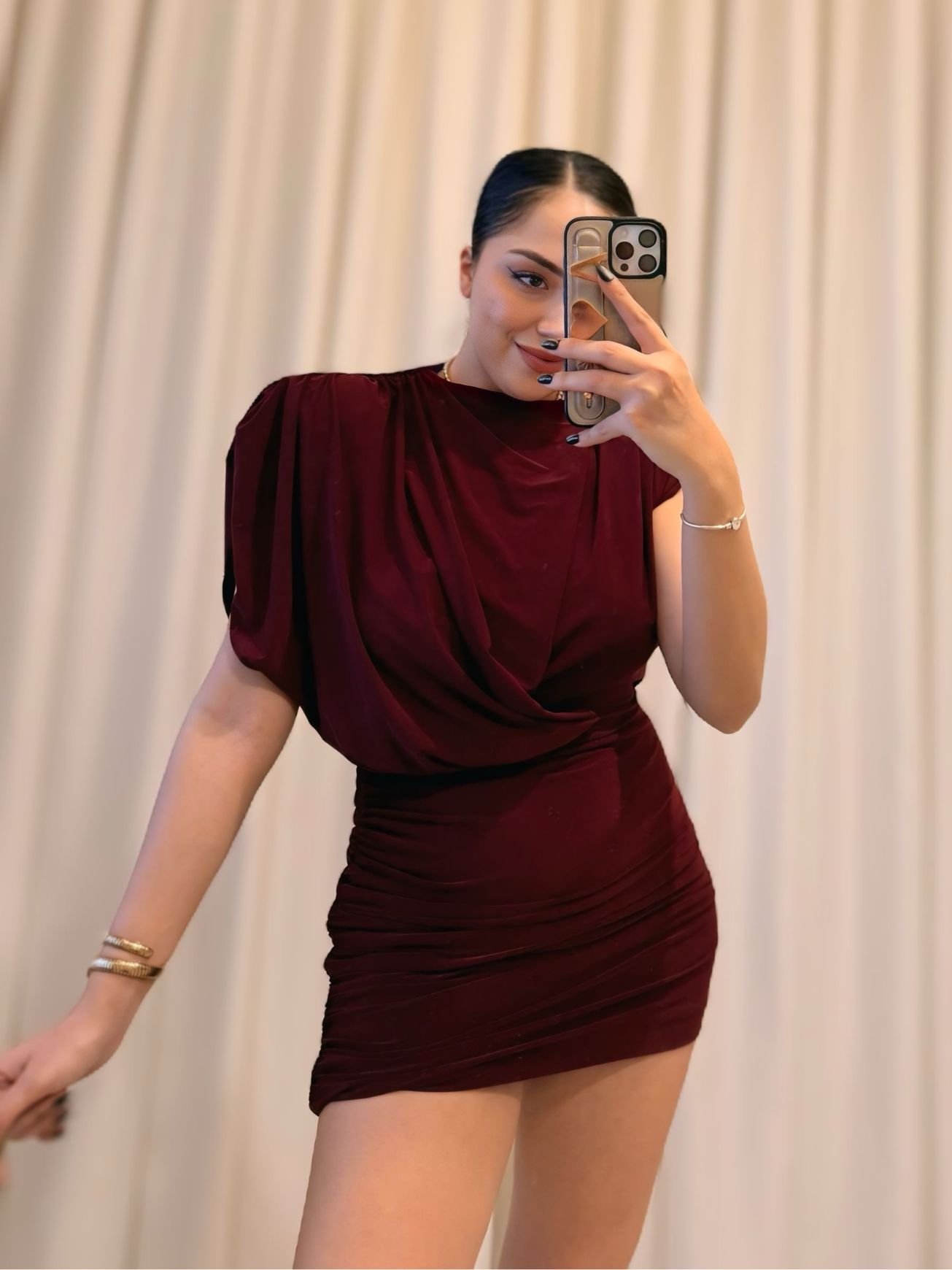 vatka-detayli-brodo-elbise_01 Vatkalı Detaylı Elbise - Bordo - Görsel 1