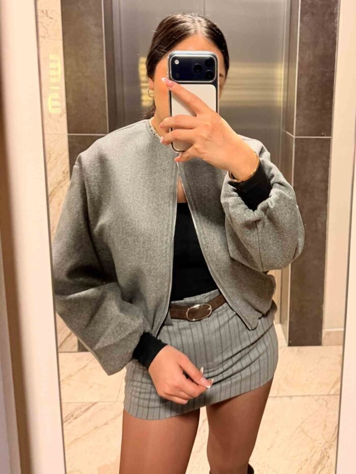 Kaşe Bomber Ceket - Gri - Görsel 2